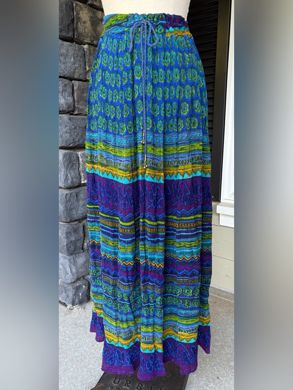 Papa Vancouver Boho Rayon Tiered Maxi Skirt Blue Purple One Size Boho Festival